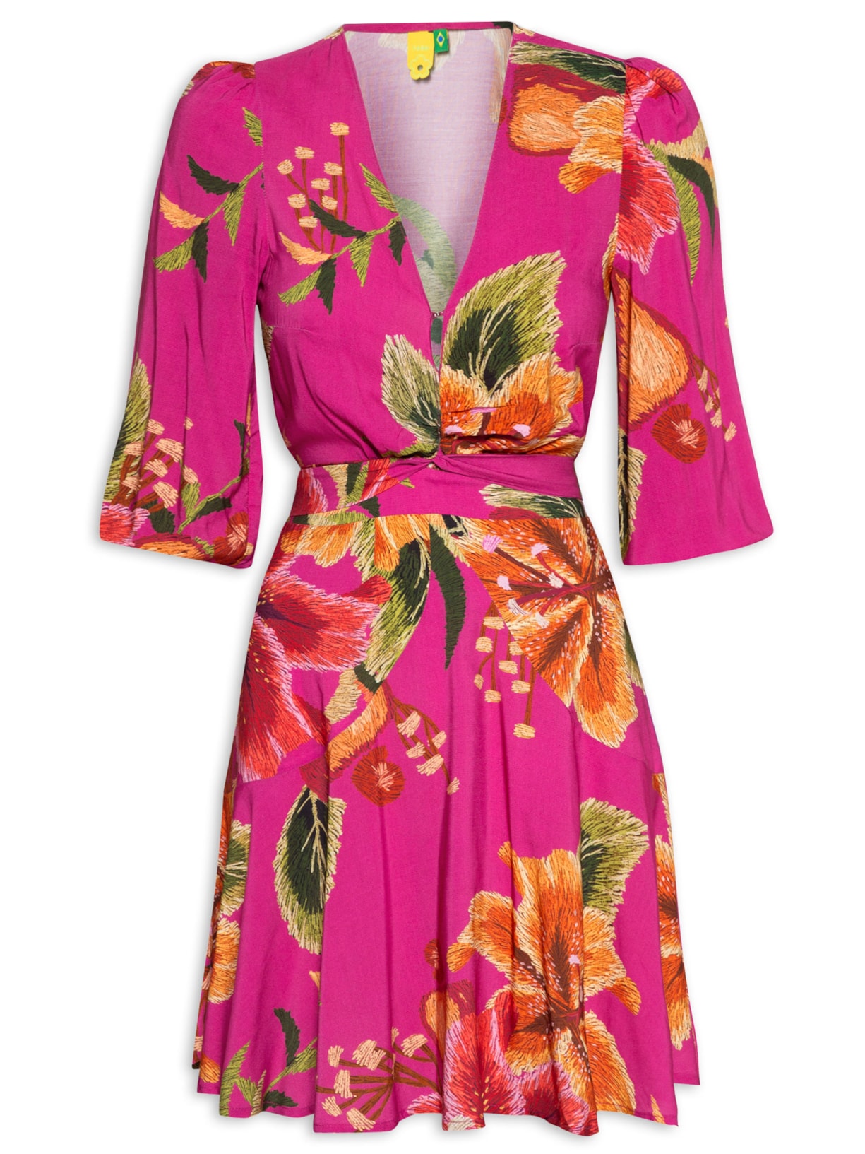 Vestido Curto Manga Bordando Flor - Rosa