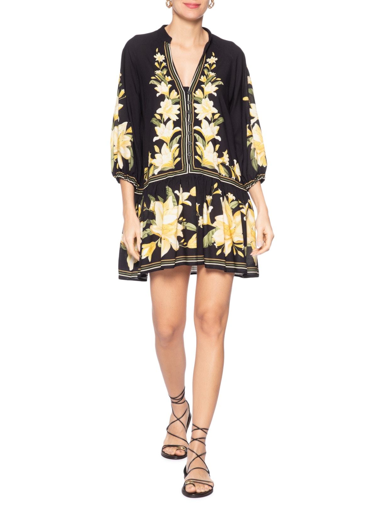 Vestido Curto Manga Flor Nana – Preto Farm