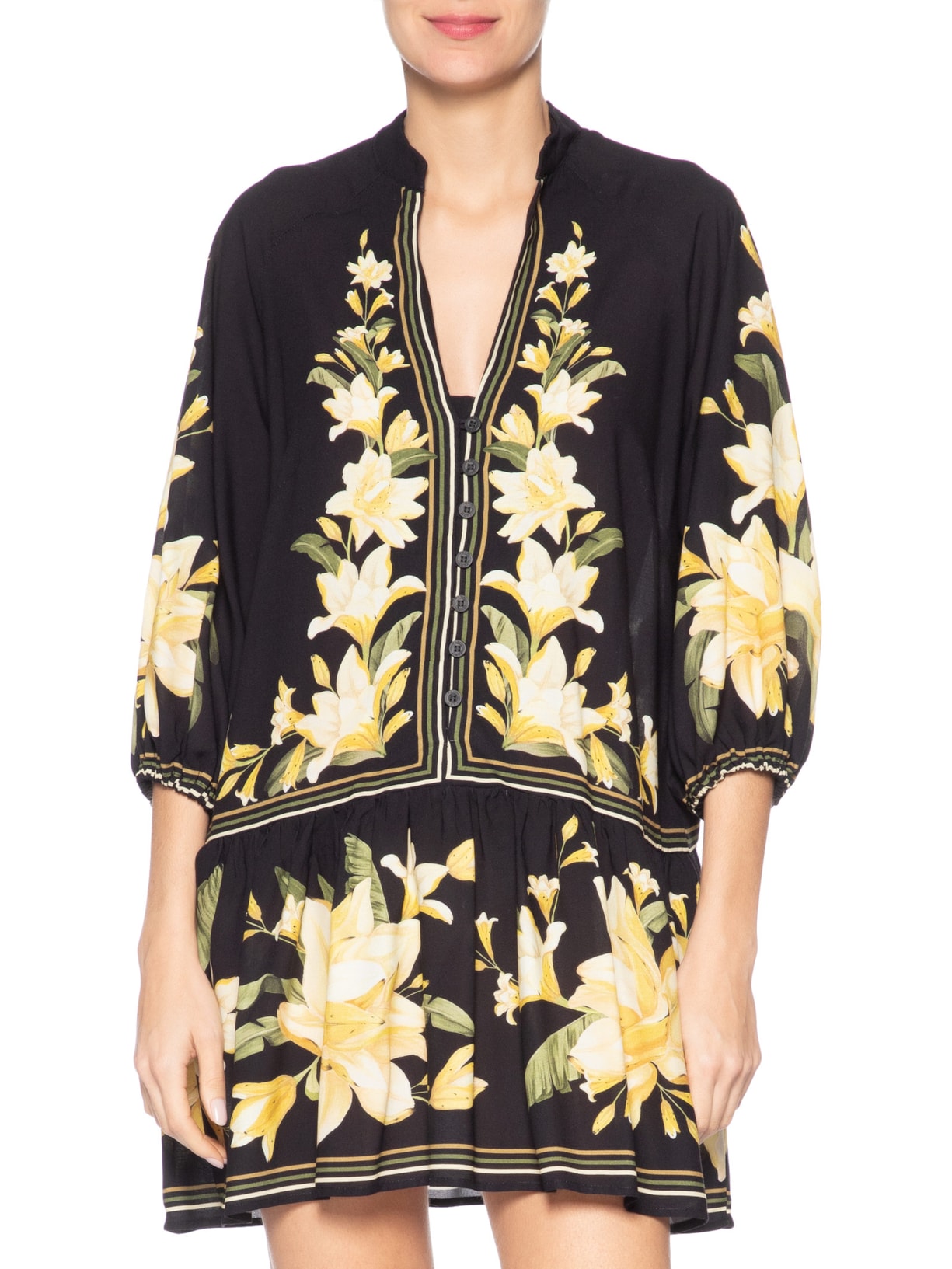 Vestido Curto Manga Flor Nana – Preto Farm