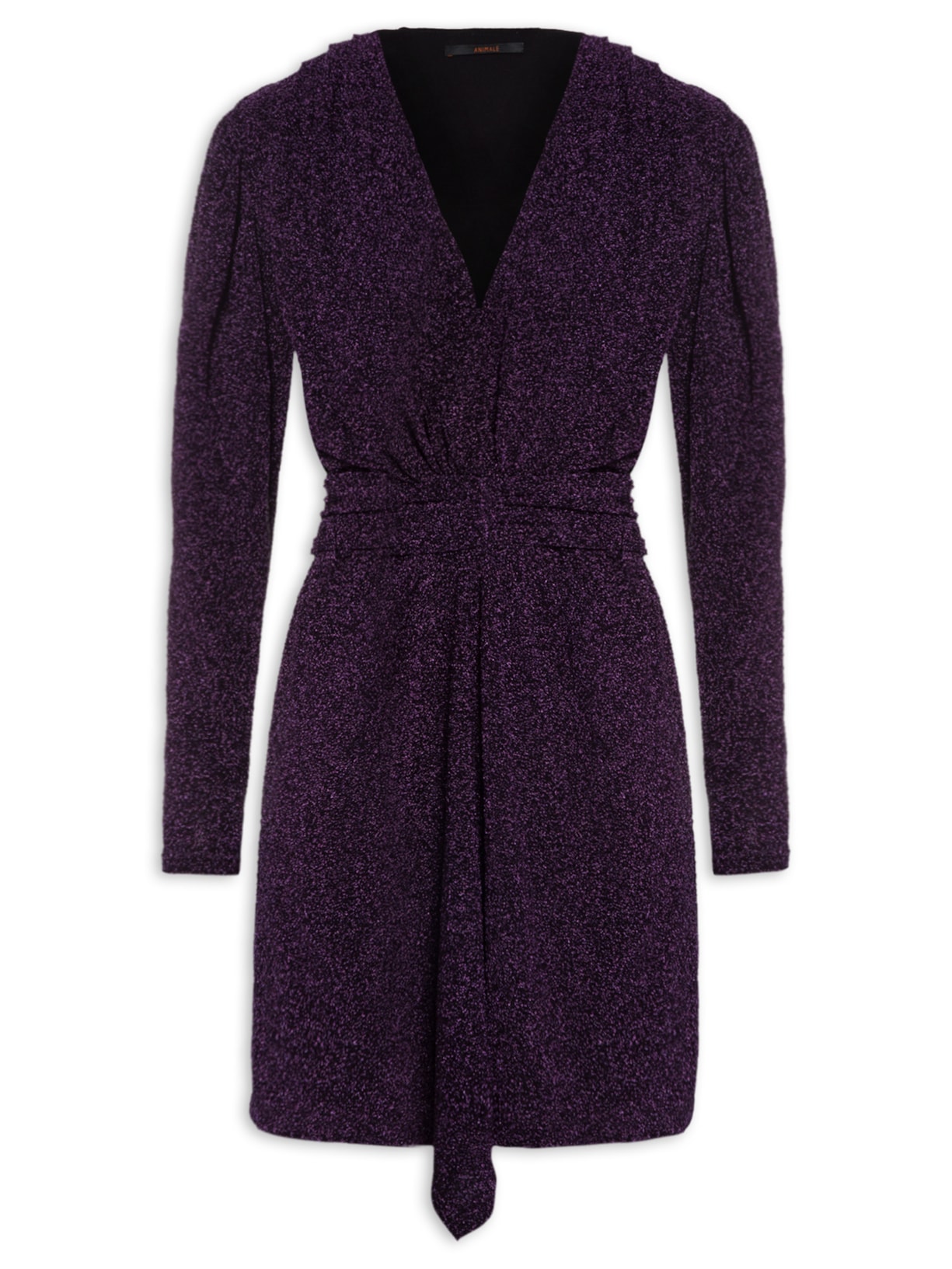 Vestido Curto Manga Longa Com Pregas - Roxo
