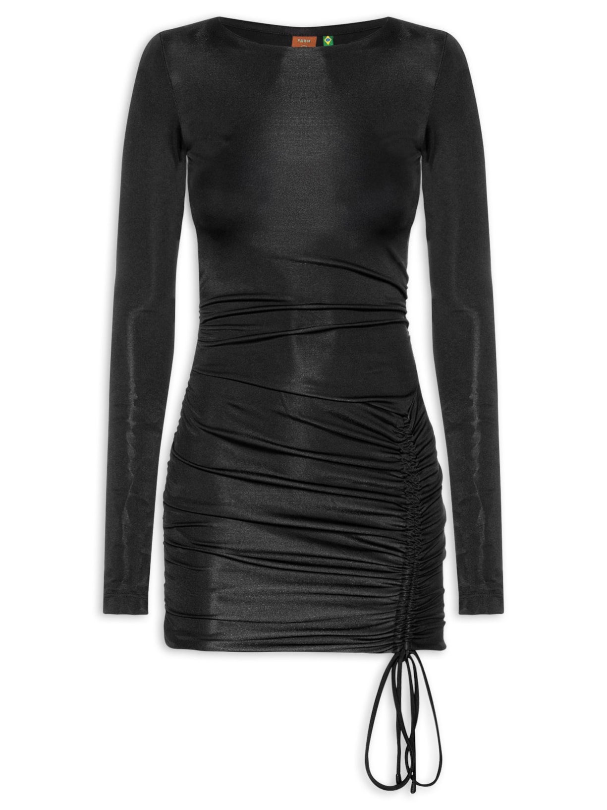 Vestido Curto Manga Longa Drapeado Preto Farm