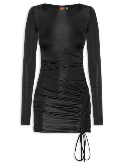 Vestido Curto Manga Longa Drapeado - Preto