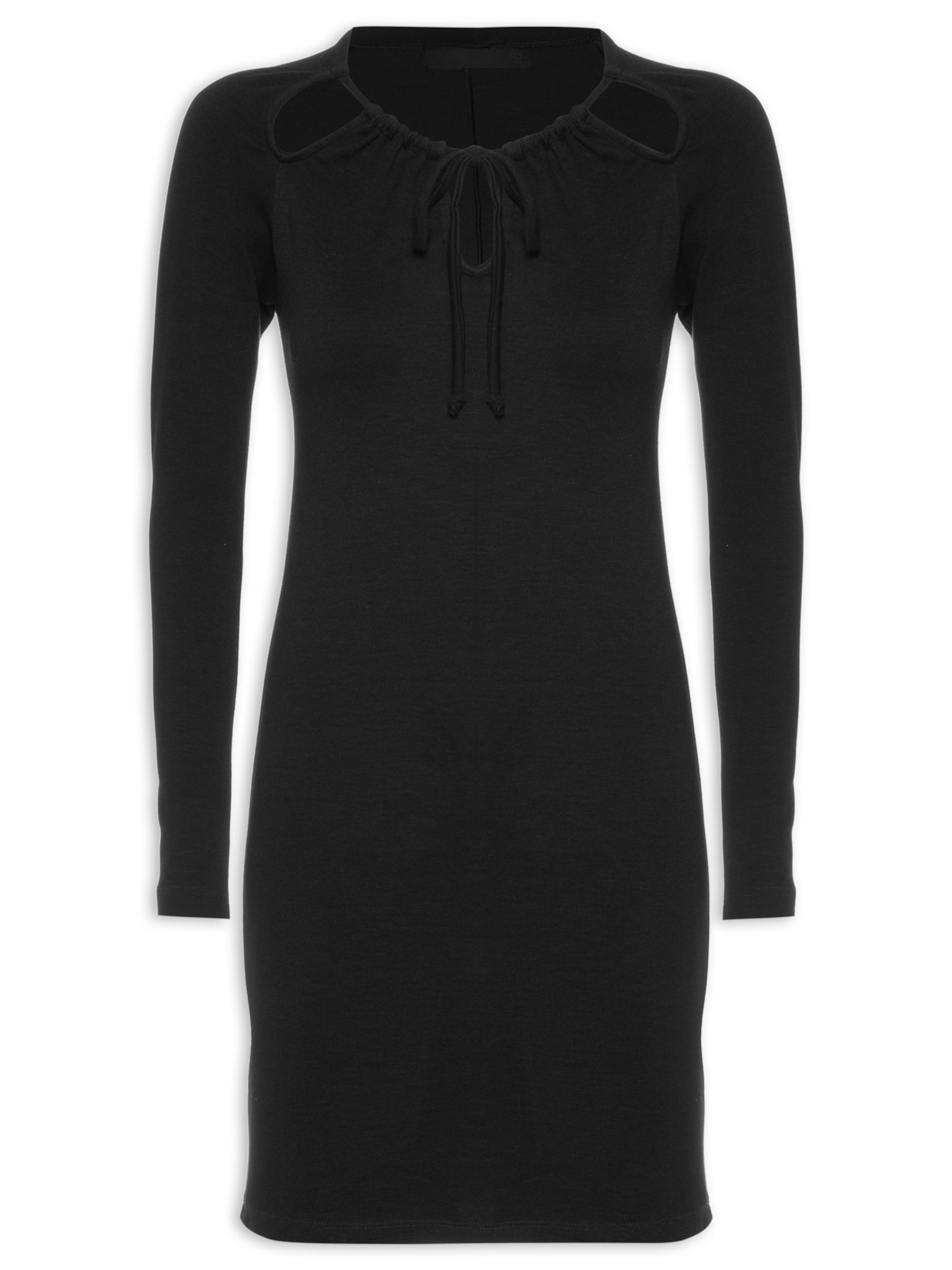 Vestido Curto Manga Longa Em Malha - Preto