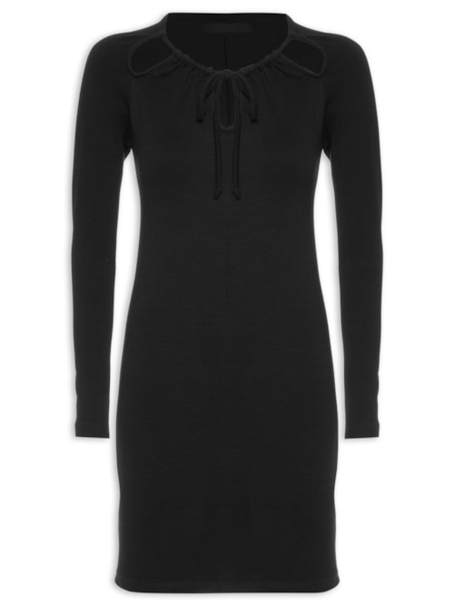 Vestido Curto Manga Longa Em Malha - Preto