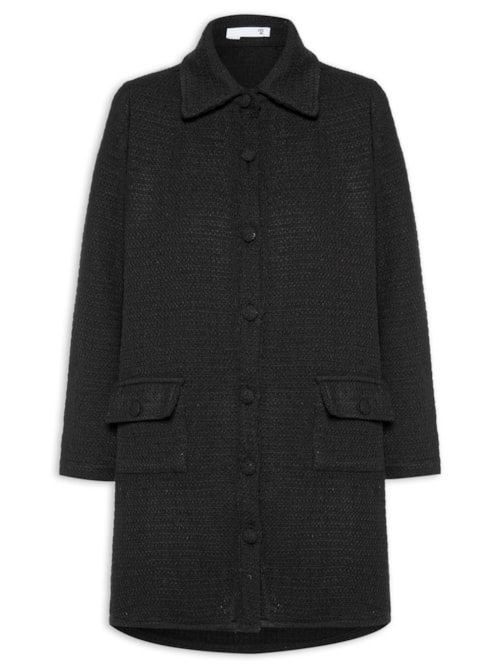 Vestido Curto Manga Longa Em Tweed - Preto