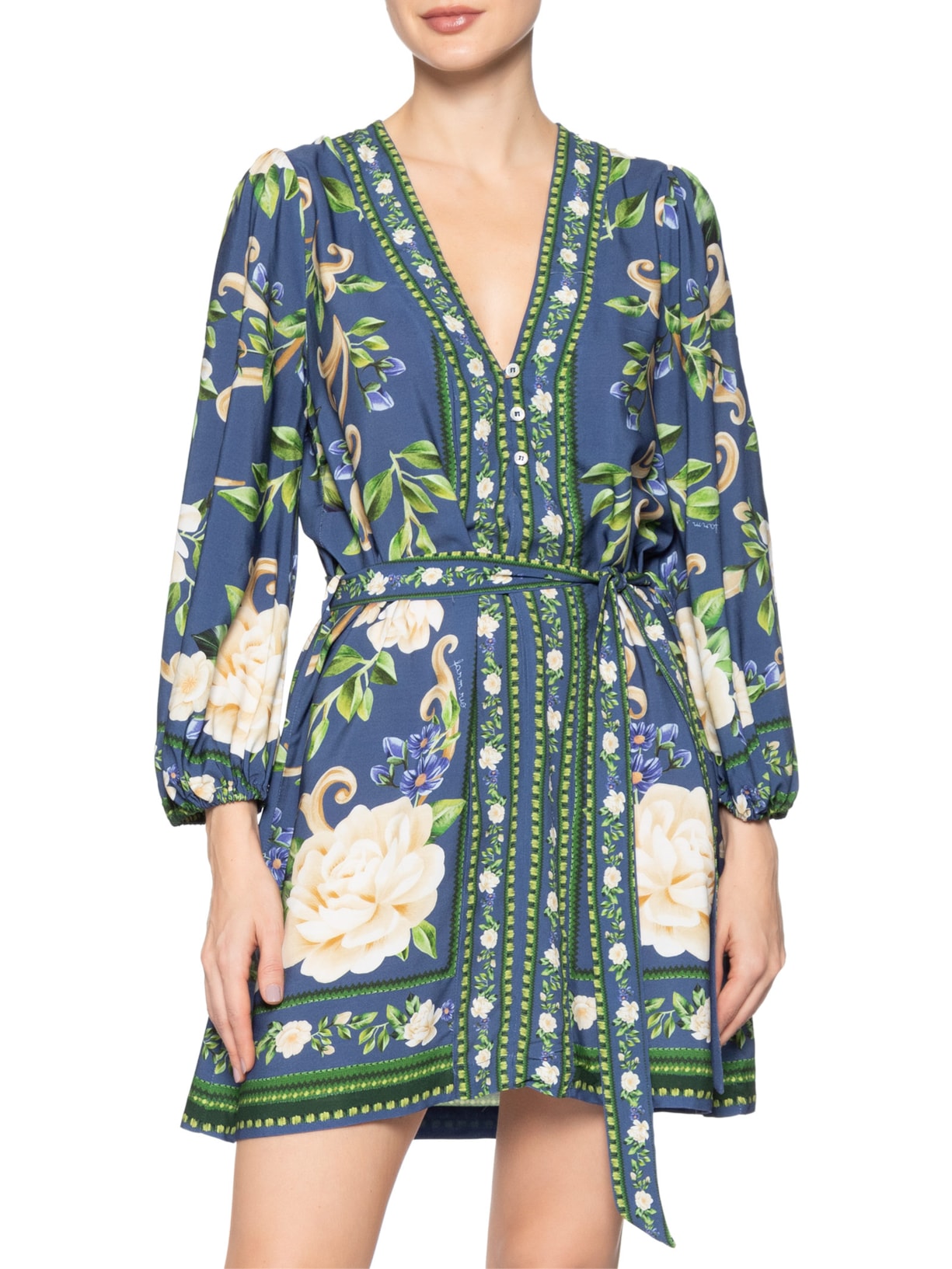 Vestido Curto Manga Longa Flor Celeste Azul Farm