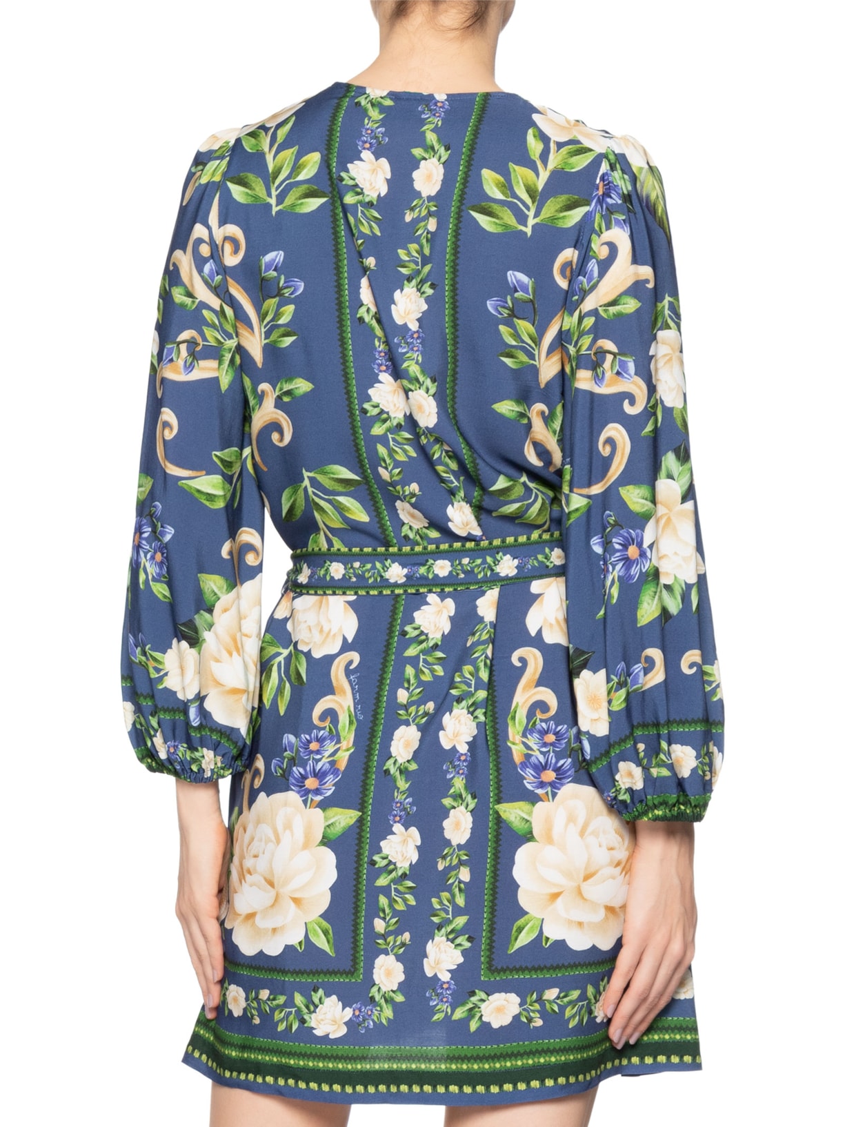 Vestido Curto Manga Longa Flor Celeste Azul Farm