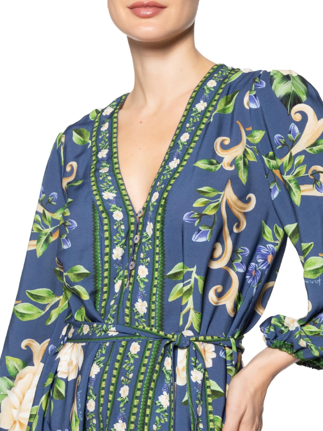 Vestido Curto Manga Longa Flor Celeste Azul Farm