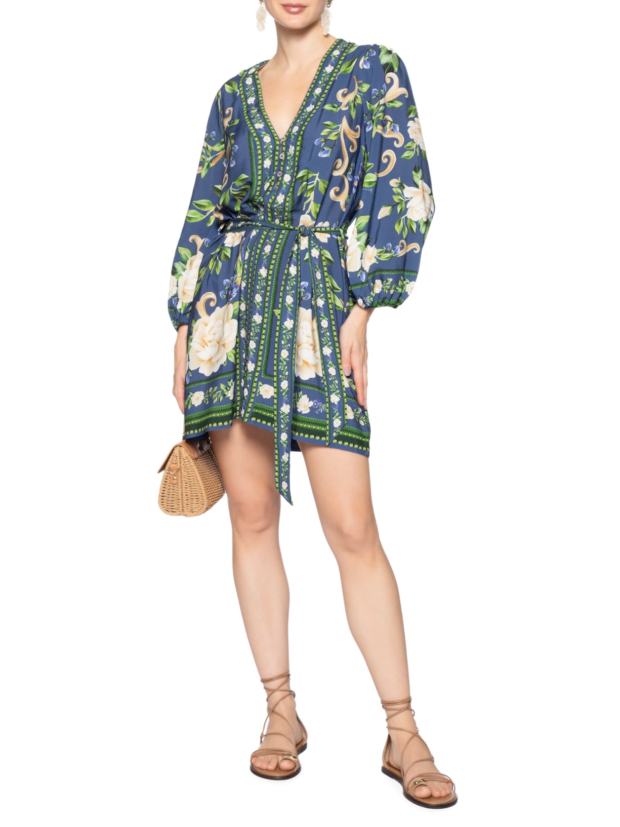 Vestido Curto Manga Longa Flor Celeste – Azul Farm