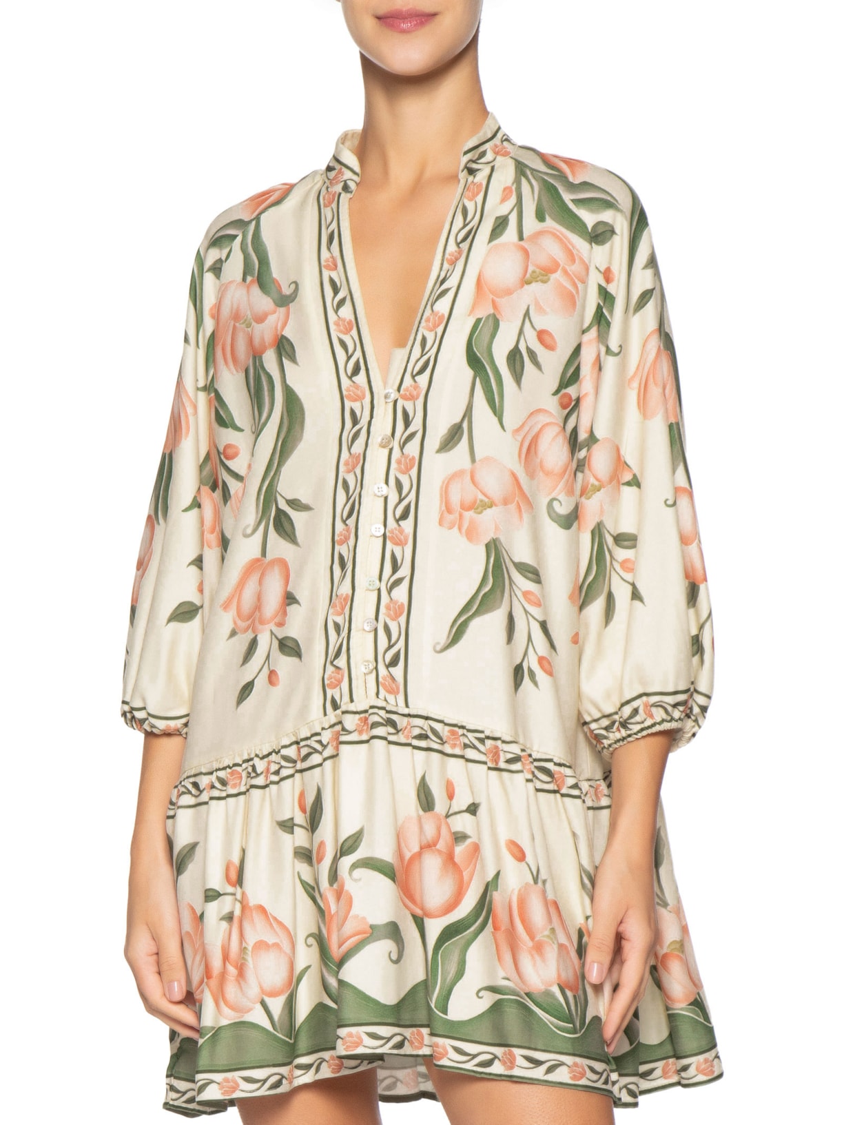 Vestido Curto Manga Sonho De Tulipas Rosa Farm