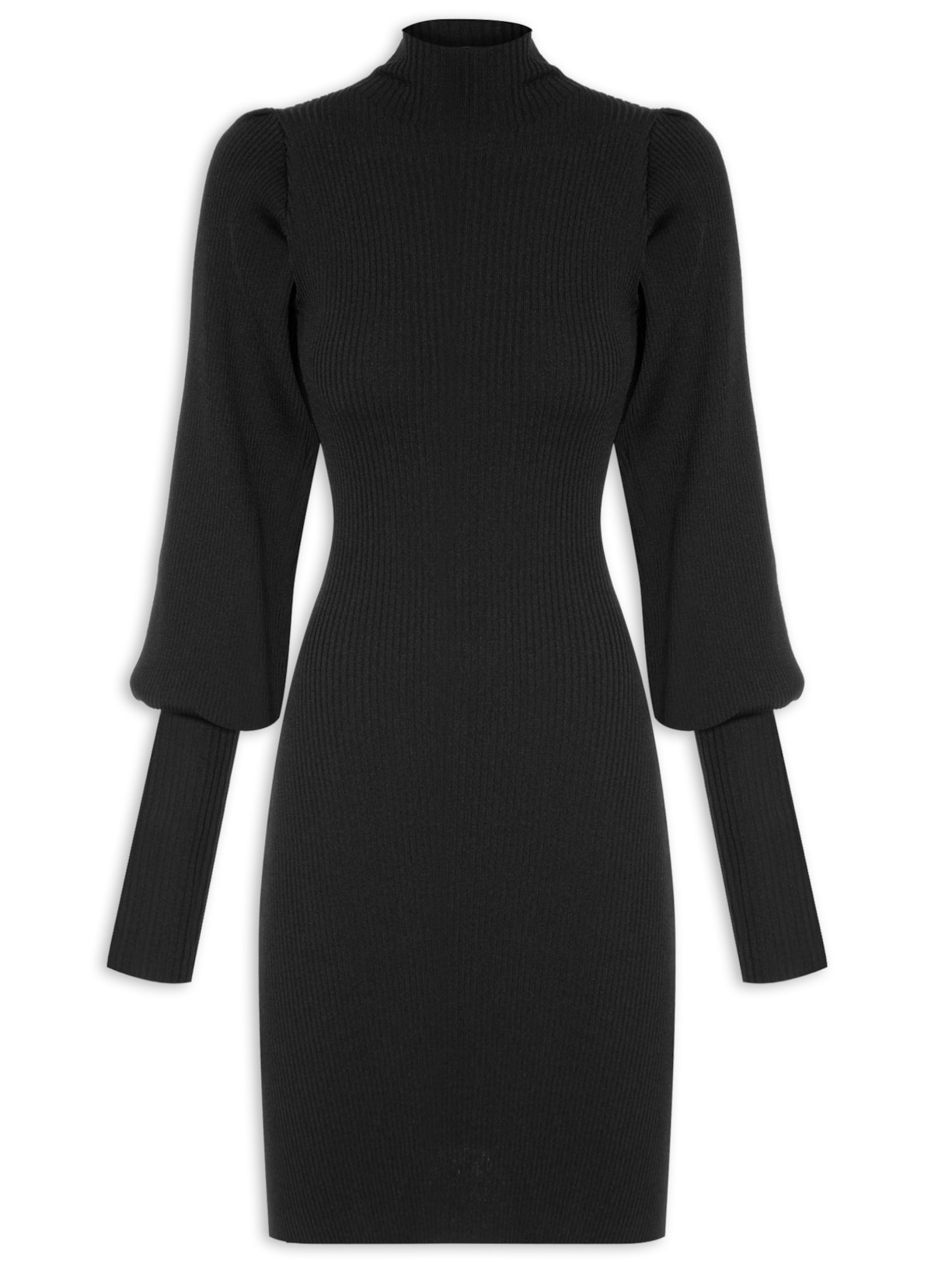 Vestido Curto Manga Volume Tricot - Preto