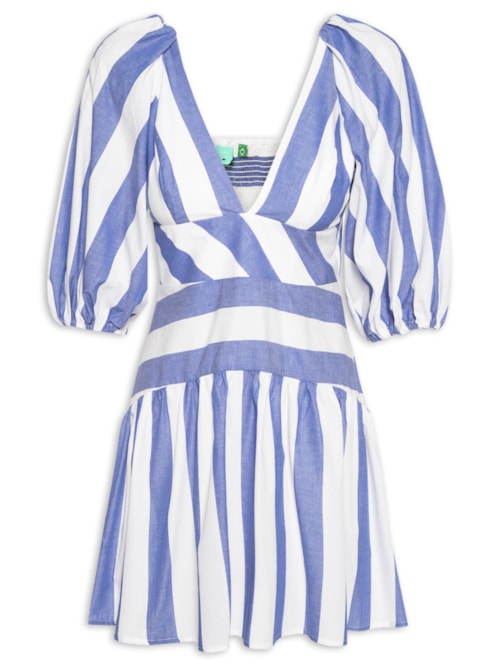 Vestido Curto Mangas Mistura De Listra - Azul