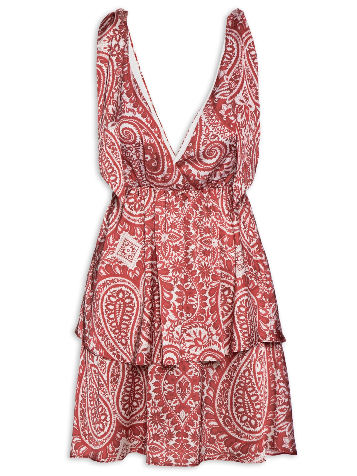 Vestido Curto Paisley Com Babados - Vermelho