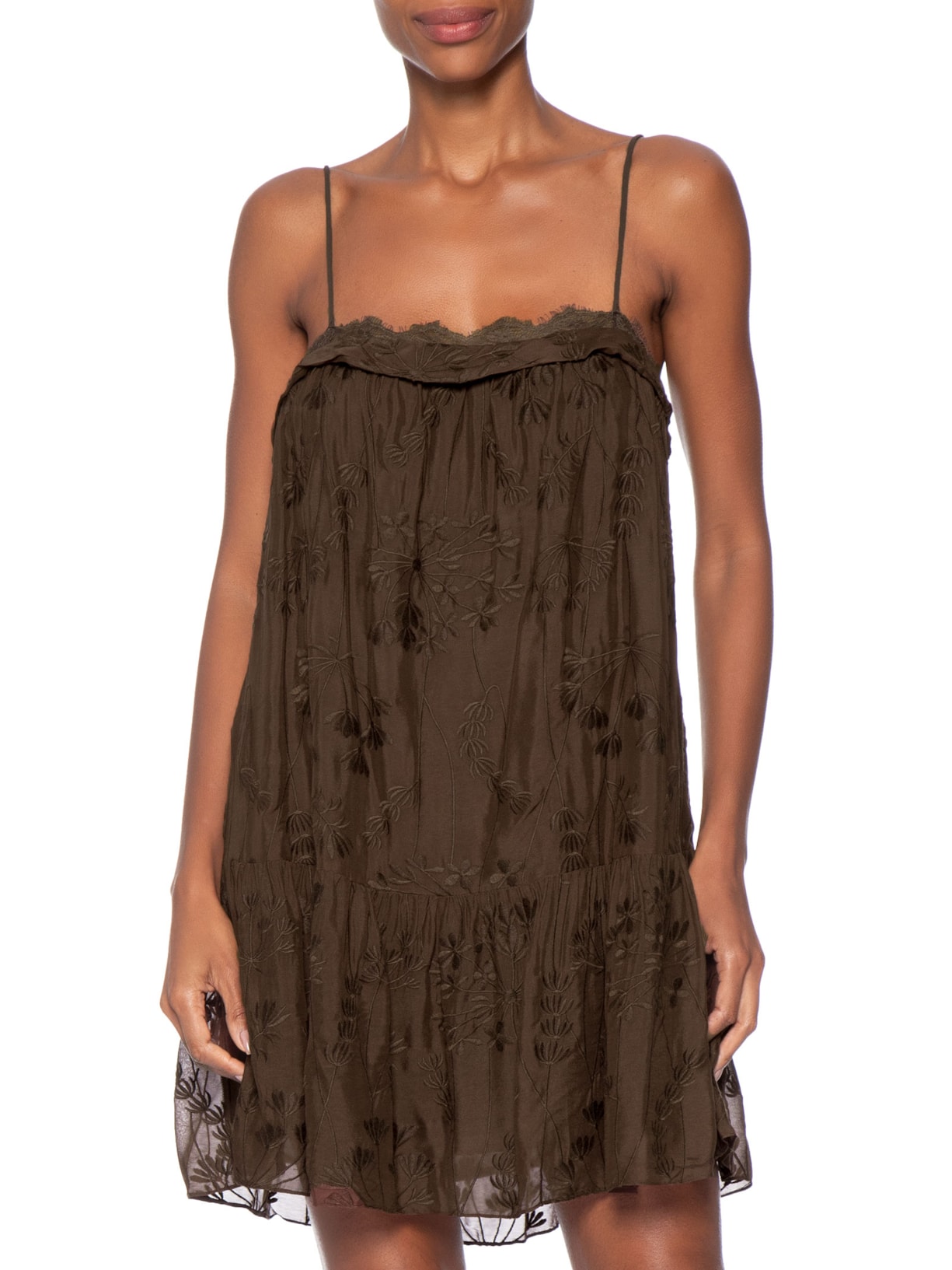 Vestido Curto Renda Bordada Marrom Animale