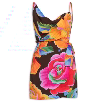 Vestido Curto Rosas Pintadas - Marrom
