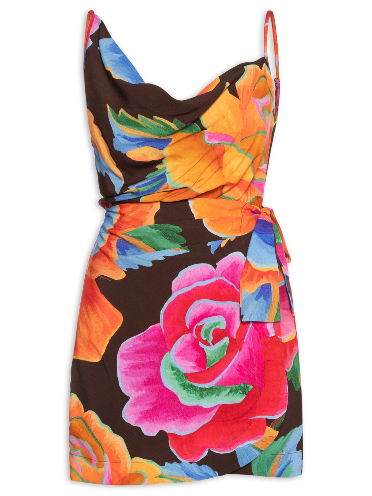 Vestido Curto Rosas Pintadas - Marrom