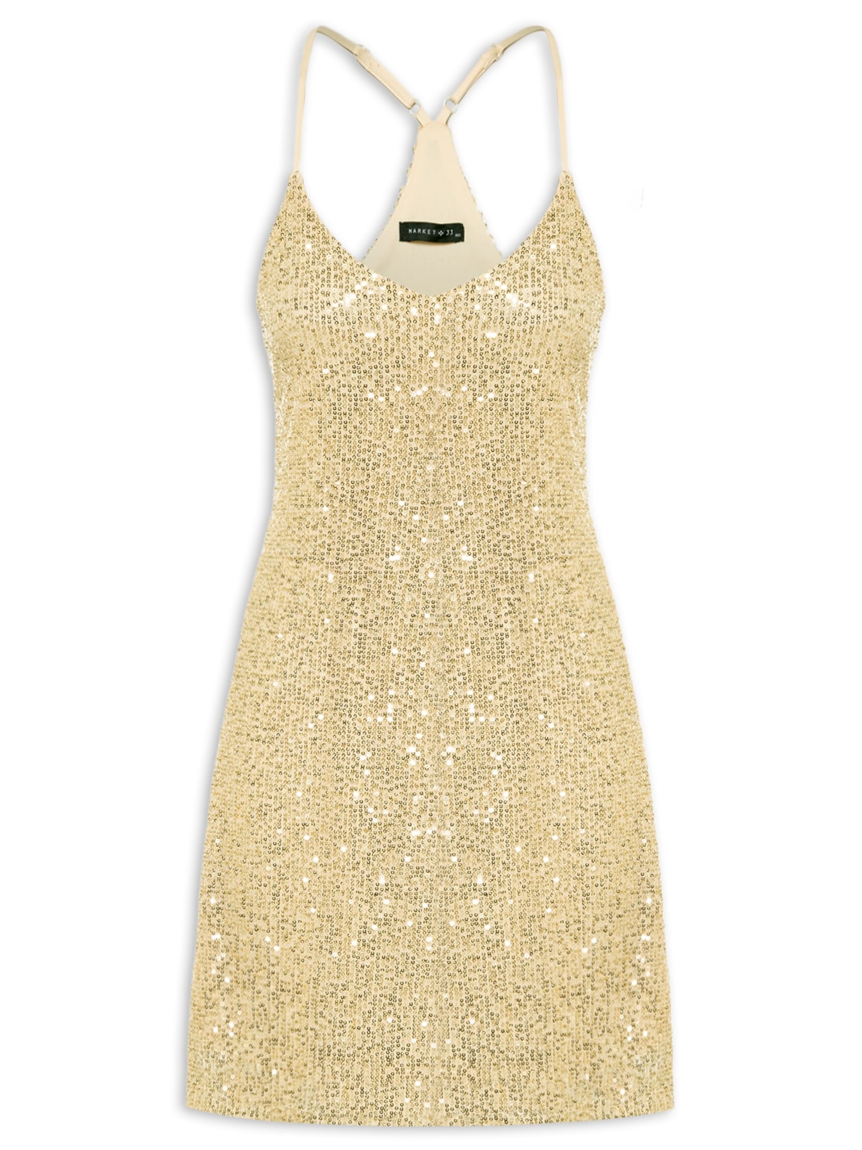 Vestido Curto Sem Manga Em Paetê Dourado Market 33