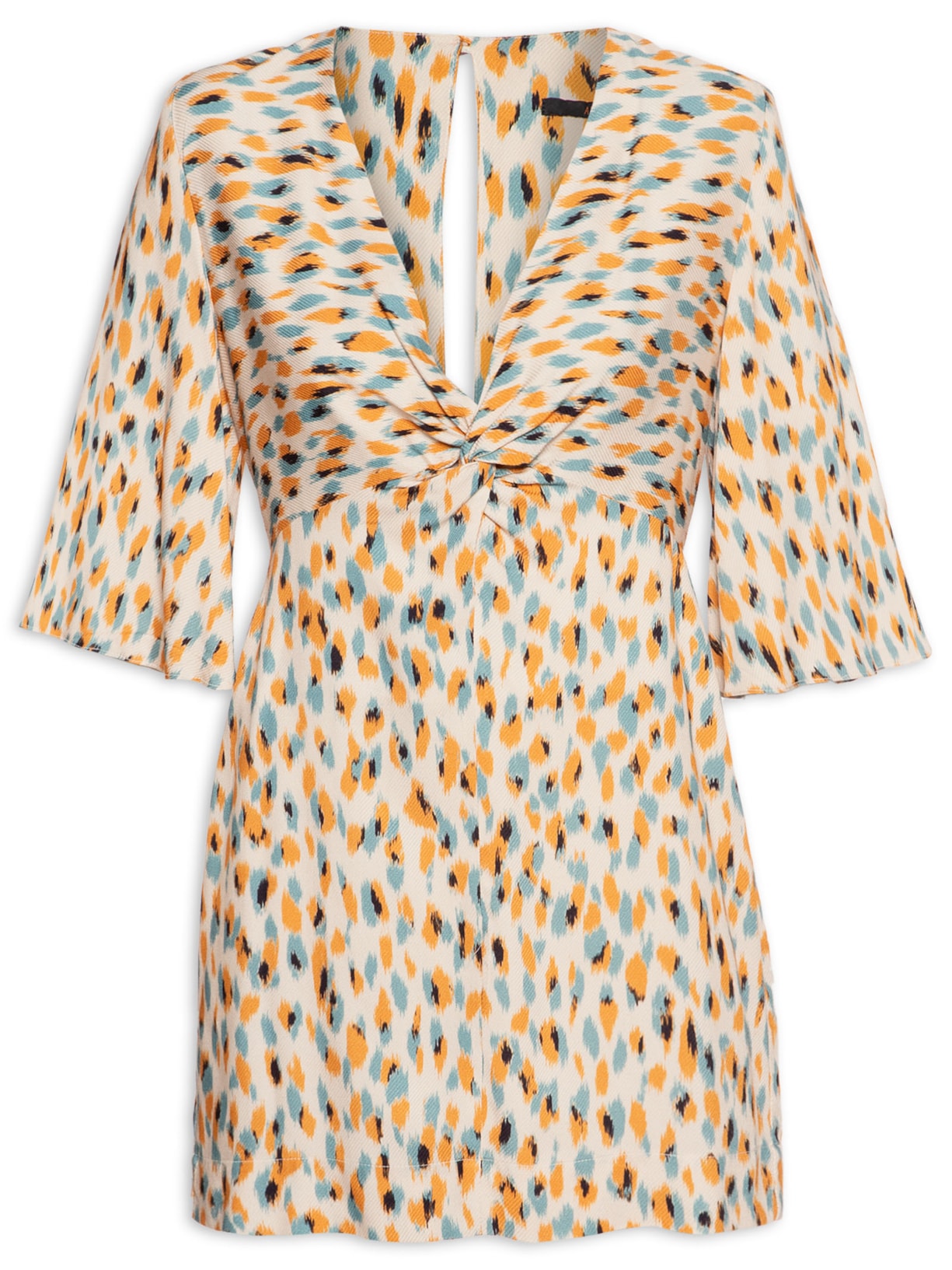 Vestido Curto Torção Textura Onça - Bege