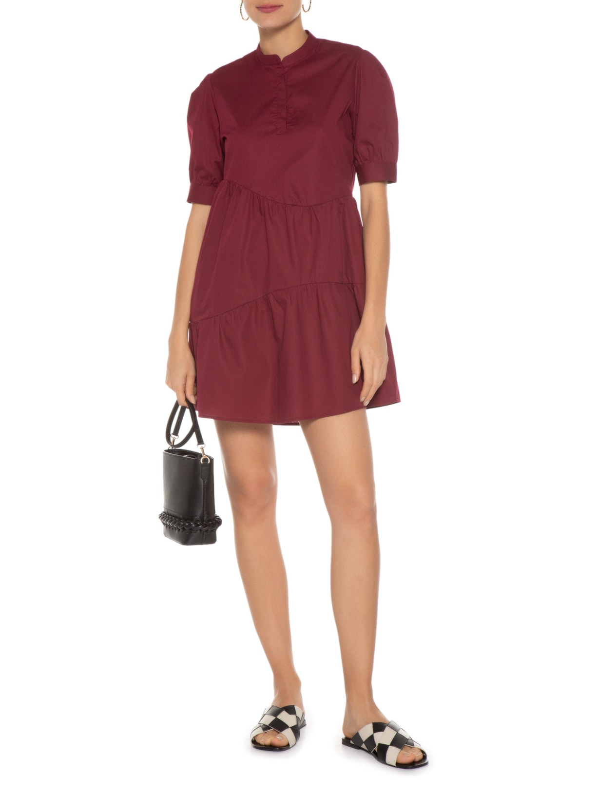 Vestido Curto Tricoline Recortes Vinho '2Essential