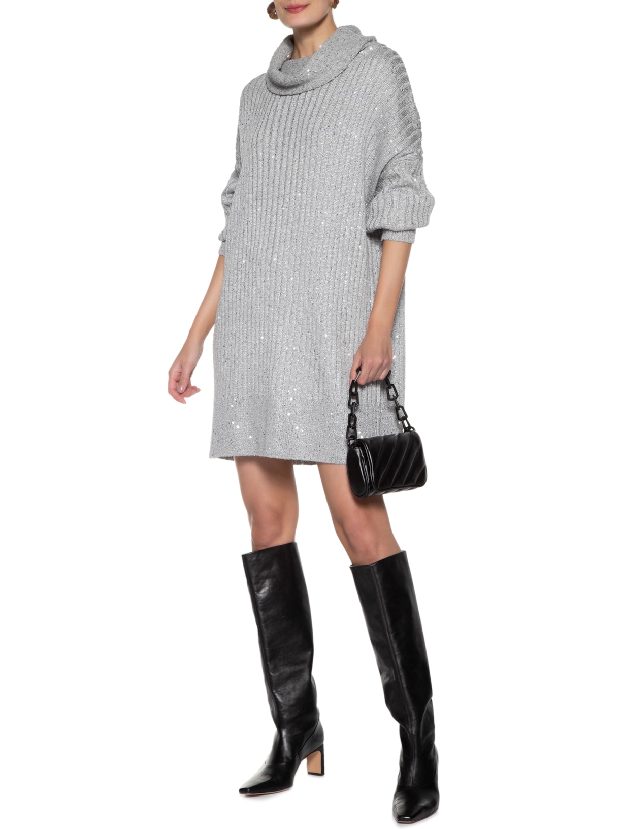 Vestido Curto Tricot Paetê Brilhoso Cinza Animale