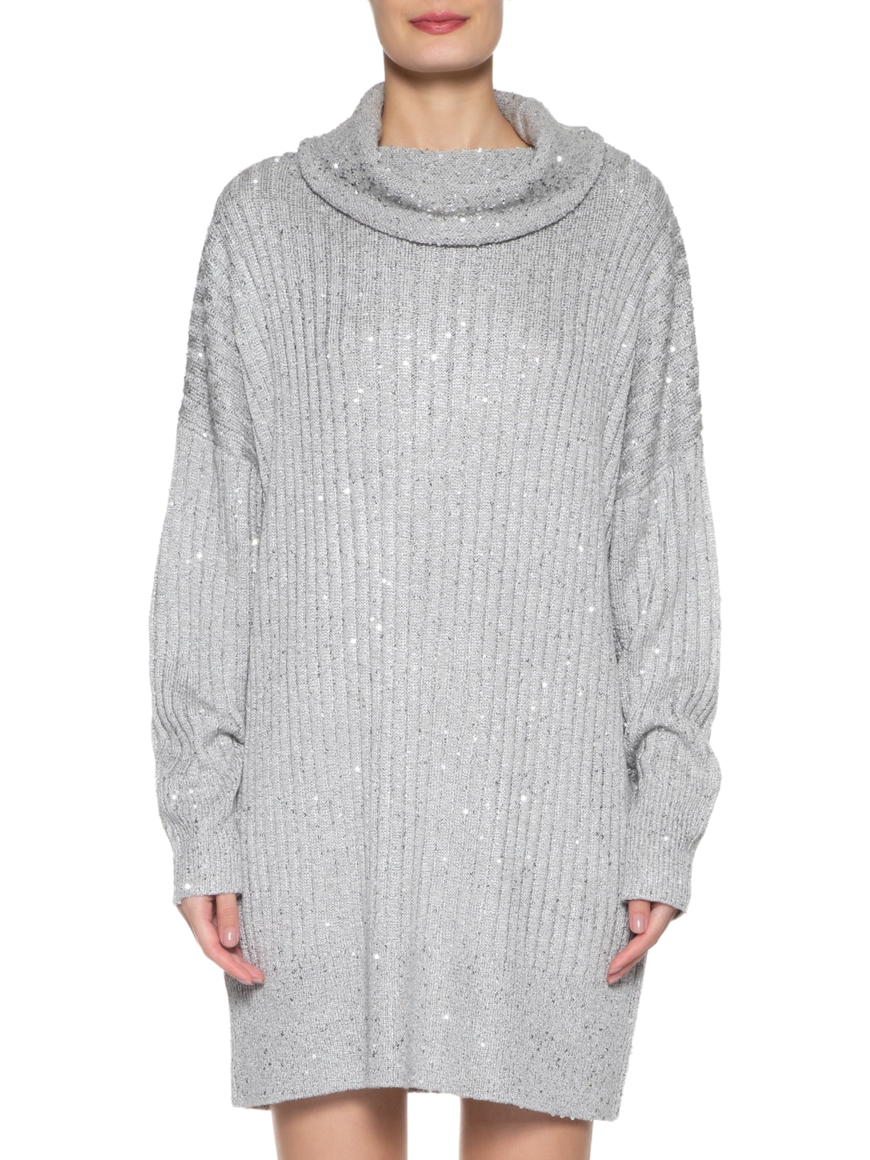 Vestido Curto Tricot Paetê Brilhoso Cinza Animale