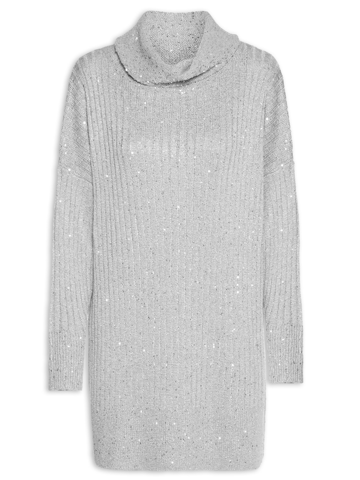 Vestido Curto Tricot Paetê Brilhoso Cinza Animale