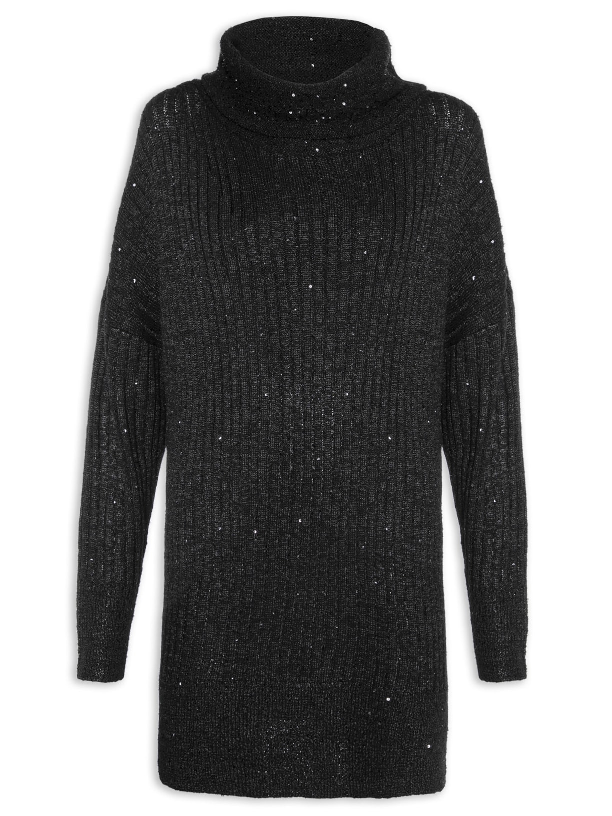 Vestido Curto Tricot Paête Brilhoso - Preto