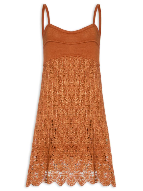 Vestido Curto Tricot Rendado Sol - Marrom