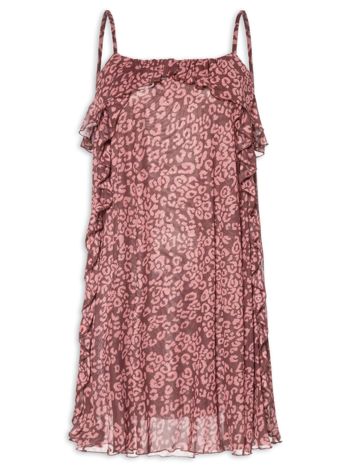 Vestido Curto Tule Estampa Felina - Marrom