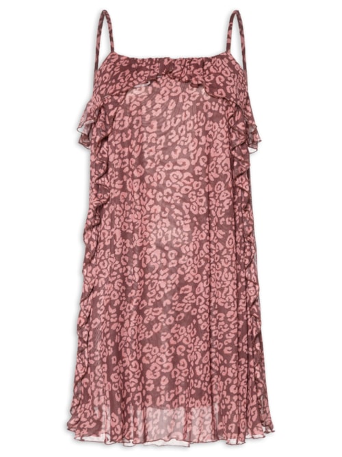 Vestido Curto Tule Estampa Felina - Marrom
