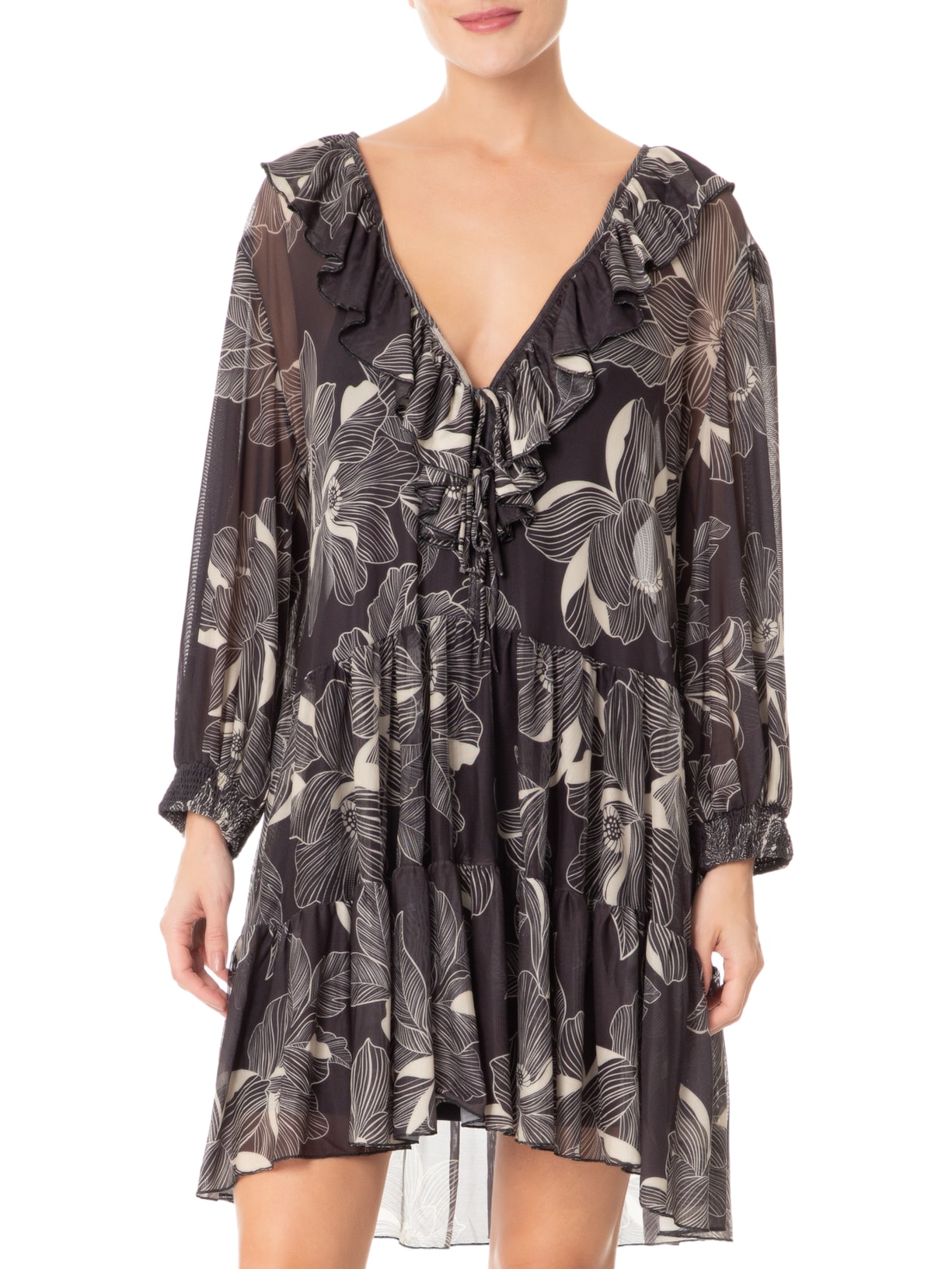 Vestido Curto Tule Estampa Flora Preto Dress To