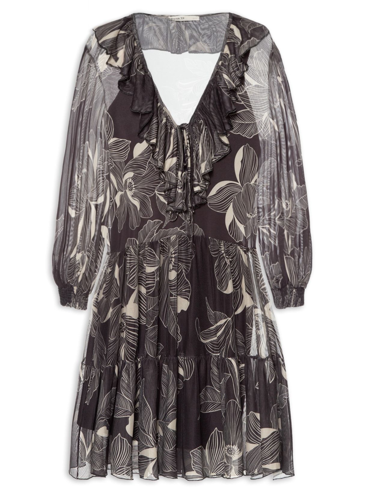 Vestido Curto Tule Estampa Flora Preto Dress To