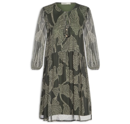 Vestido Curto Tule Estampa Ramos - Verde