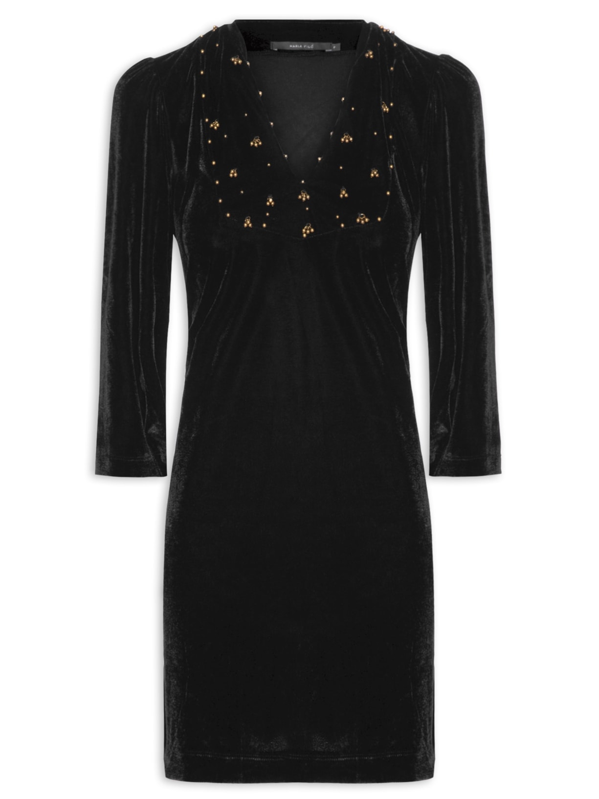 Vestido Curto Veludo Bordado - Preto