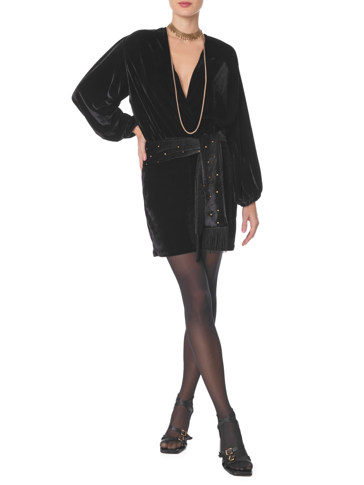 Vestido Curto Veludo Transpasse Preto  Maria Filó