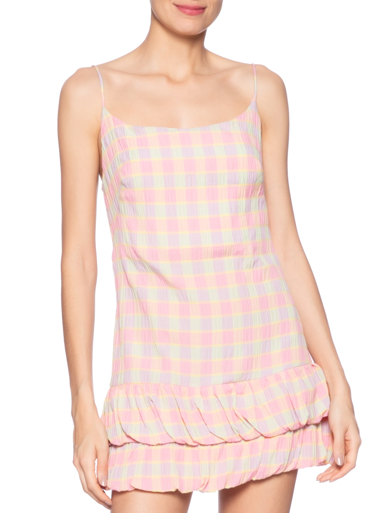 Vestido Curto Xadrez Beija Flor Rosa Farm