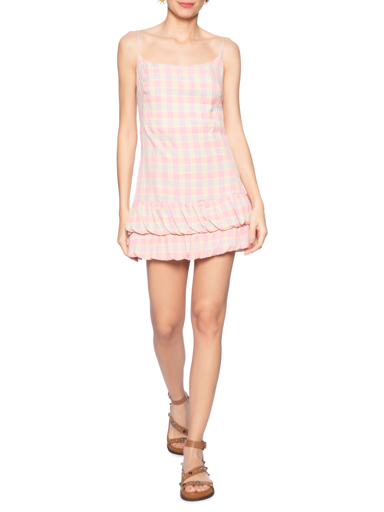 Vestido Curto Xadrez Beija Flor Rosa Farm