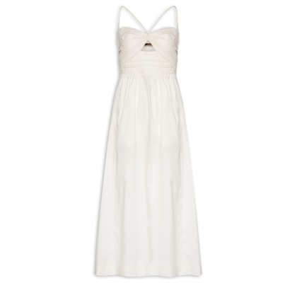 Vestido De Algodão Midi Off Busto Franzido  - Branco
