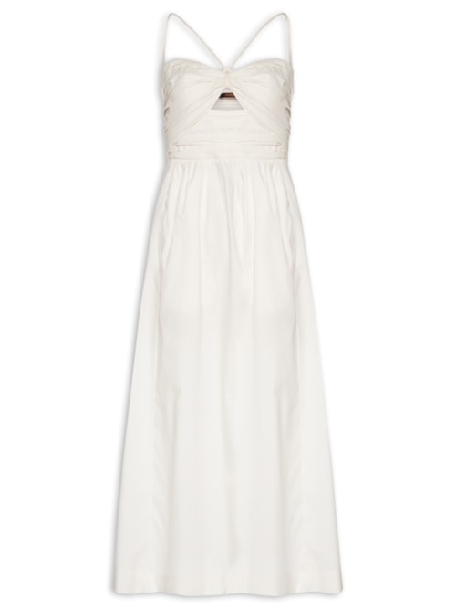Vestido De Algodão Midi Off Busto Franzido - Branco