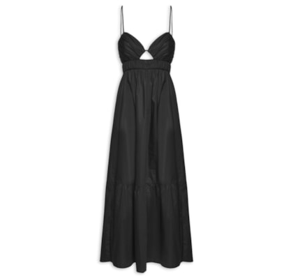 Vestido De Algodão Midi Preto Busto Franzido - Preto