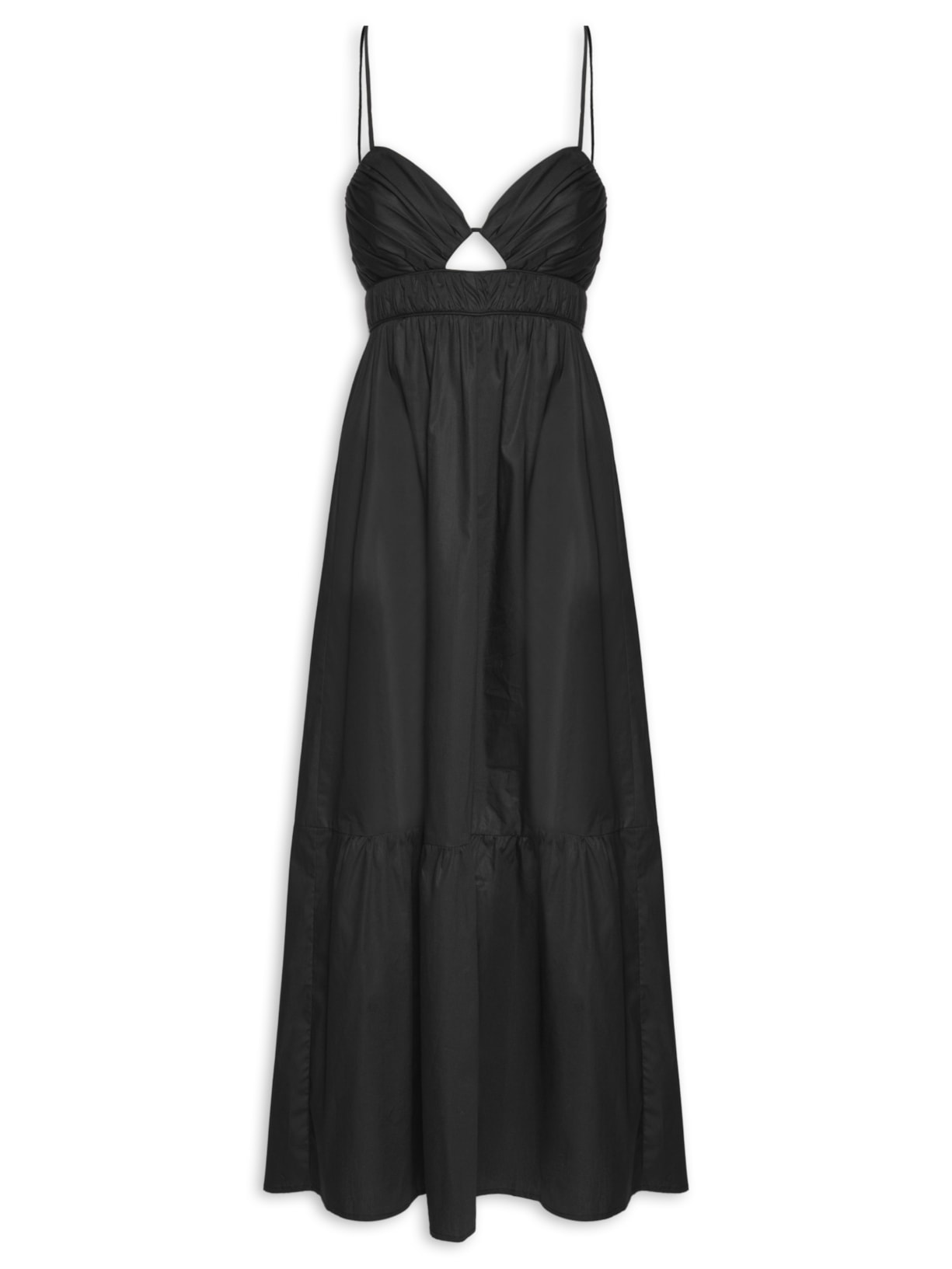 Vestido De Algodão Midi Preto Busto Franzido - Preto