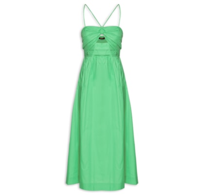 Vestido De Algodão Midi Verde Busto Franzido - Verde
