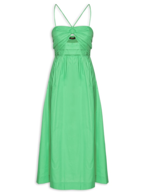 Vestido De Algodão Midi Verde Busto Franzido - Verde