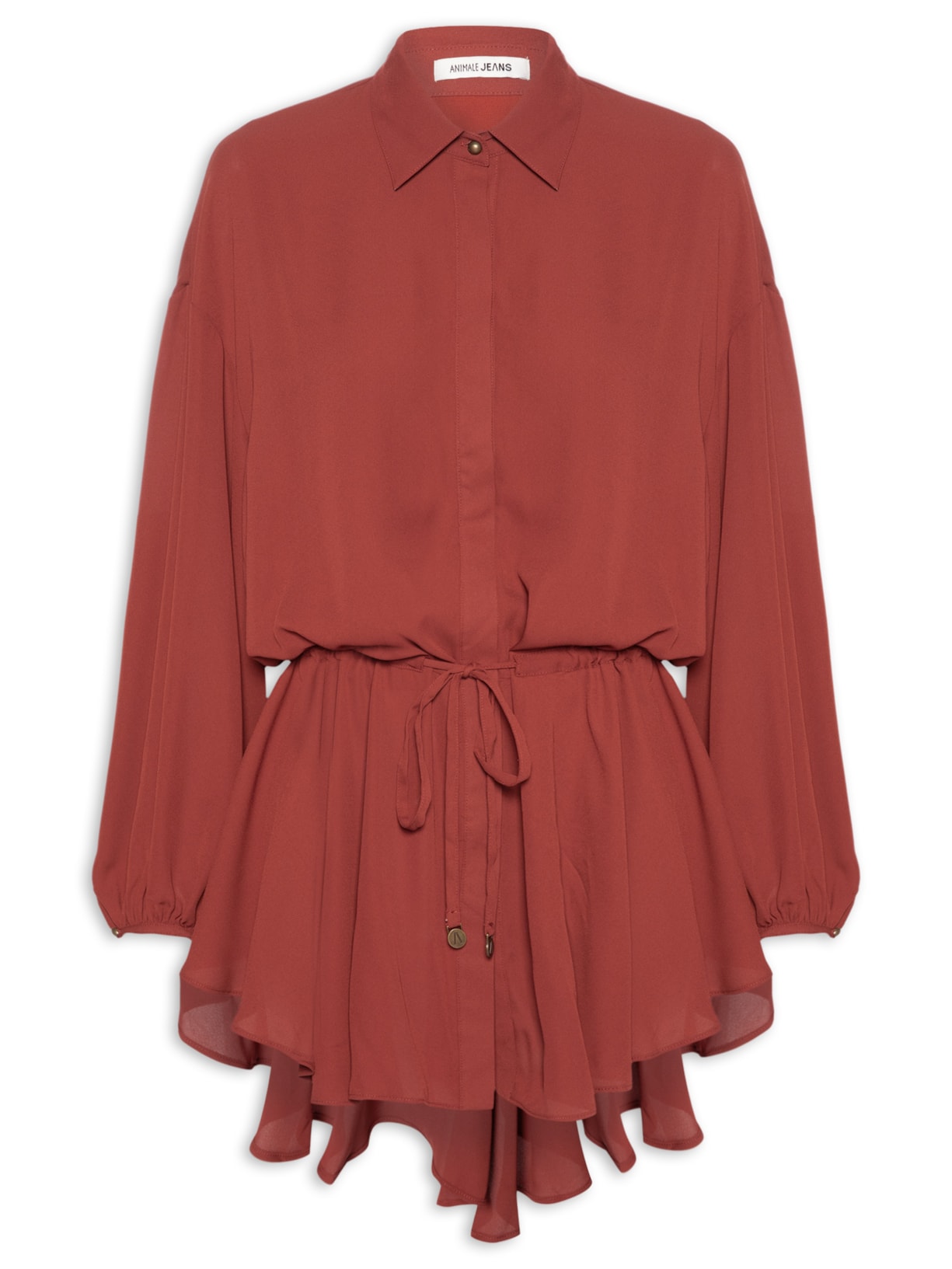 Vestido De Botão Manga Longa GGT Sólido Vermelho Animale Jeans