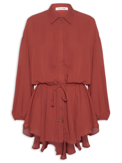 Vestido De Botão Manga Longa GGT Sólido - Vermelho