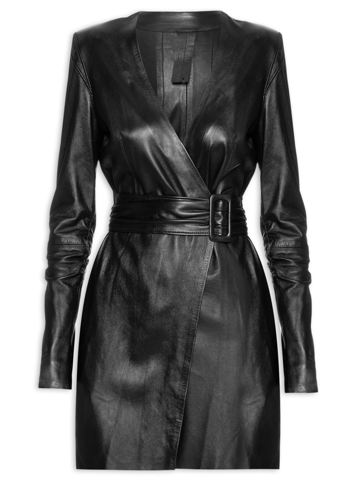 Vestido De Couro Curto Franzido - Preto