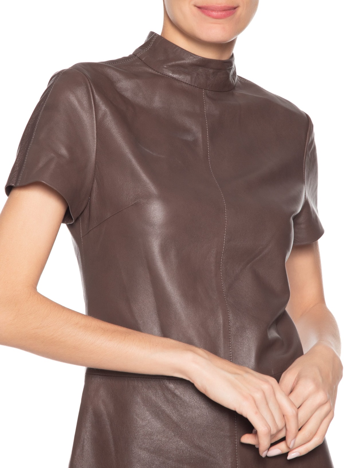 Vestido De Couro Curto Gola Alta Marrom Animale