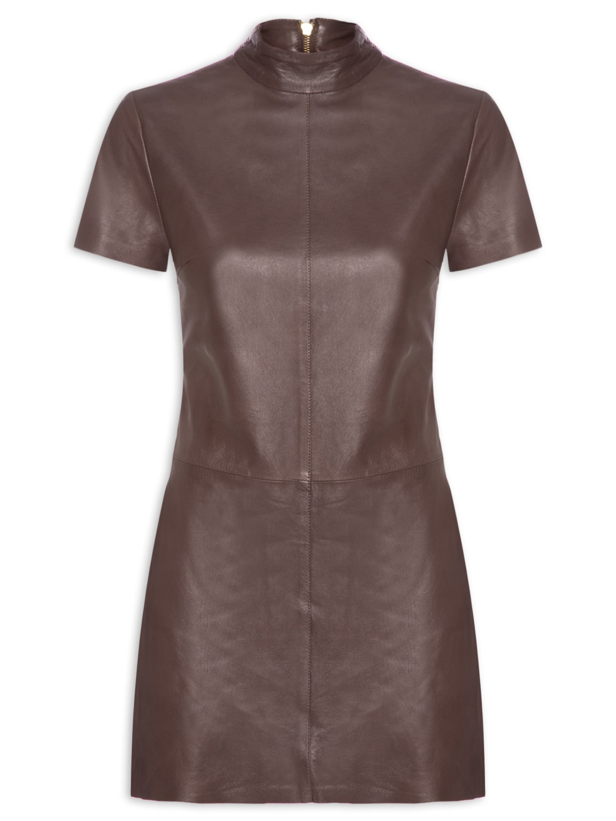 Vestido De Couro Curto Gola Alta Marrom Animale