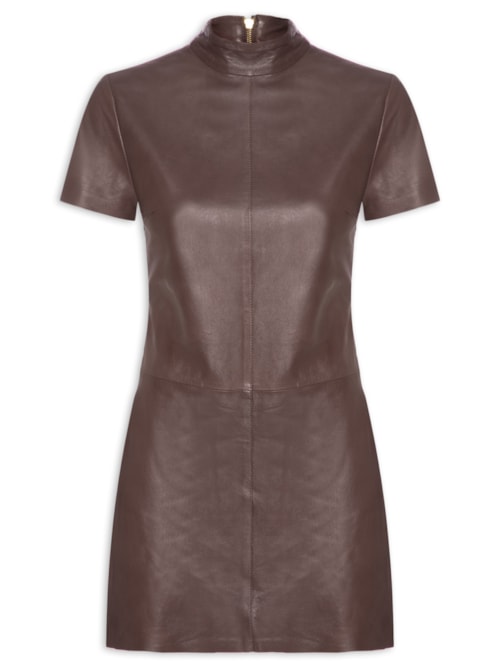Vestido De Couro Curto Gola Alta - Marrom