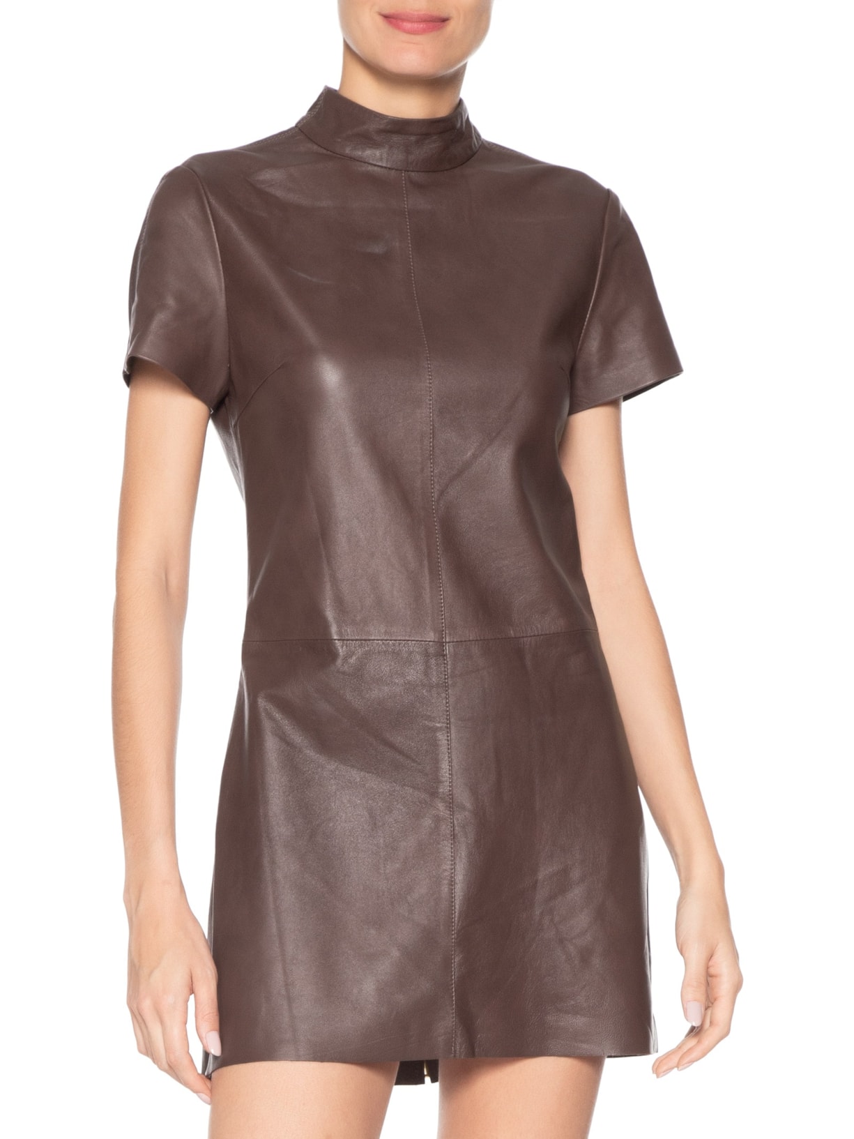 Vestido De Couro Curto Gola Alta Marrom Animale